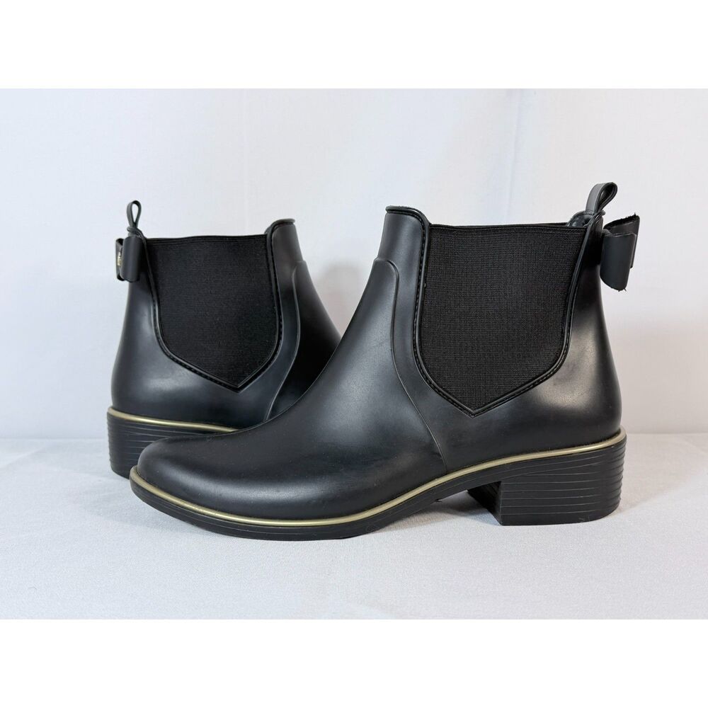 Kate Spade Chelsea Edimburg Pull On Rain Boot Black Bow Size 7 Fall Gold Trim